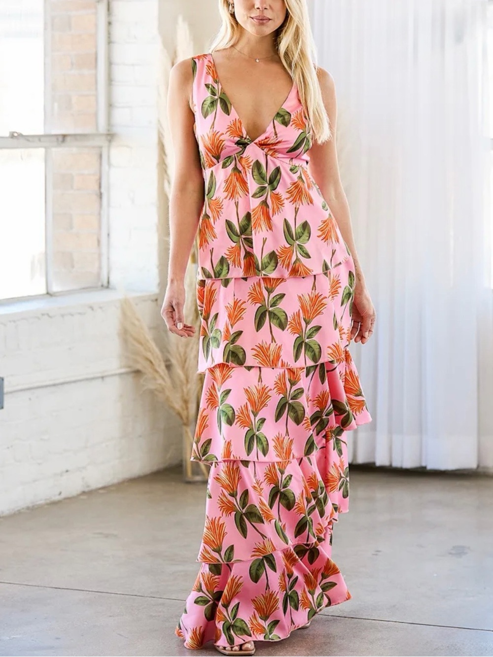 Lulus Party in Palm Springs Pink Floral Satin Tiered Maxi Dress M